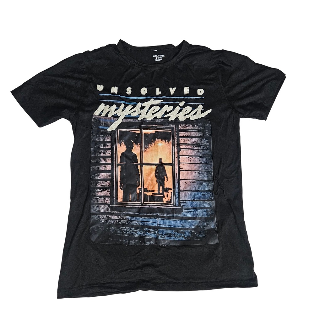 Unsolved Mysteries Graphic T-Shirt Black Cotton Short Sleeve Size M
